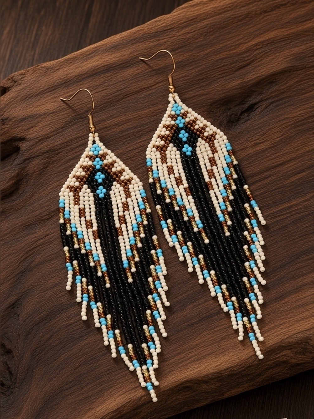 Handmade Fringe Beaded Earrings in Black, Cream, Turquoise & Brown. New.